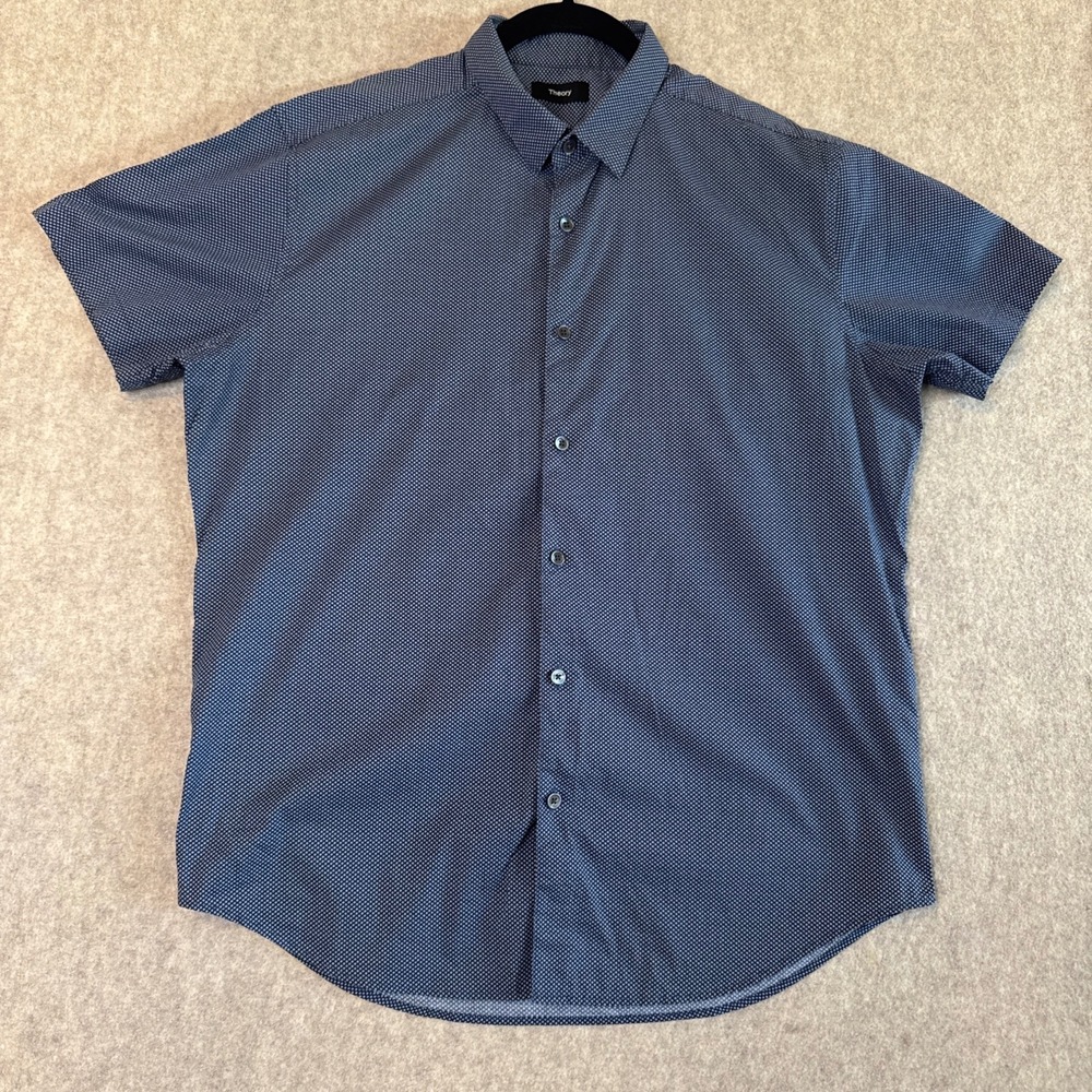 Theory Zack Button Down Shirt Mens L Navy Circle Print Short Sleeve Stretch